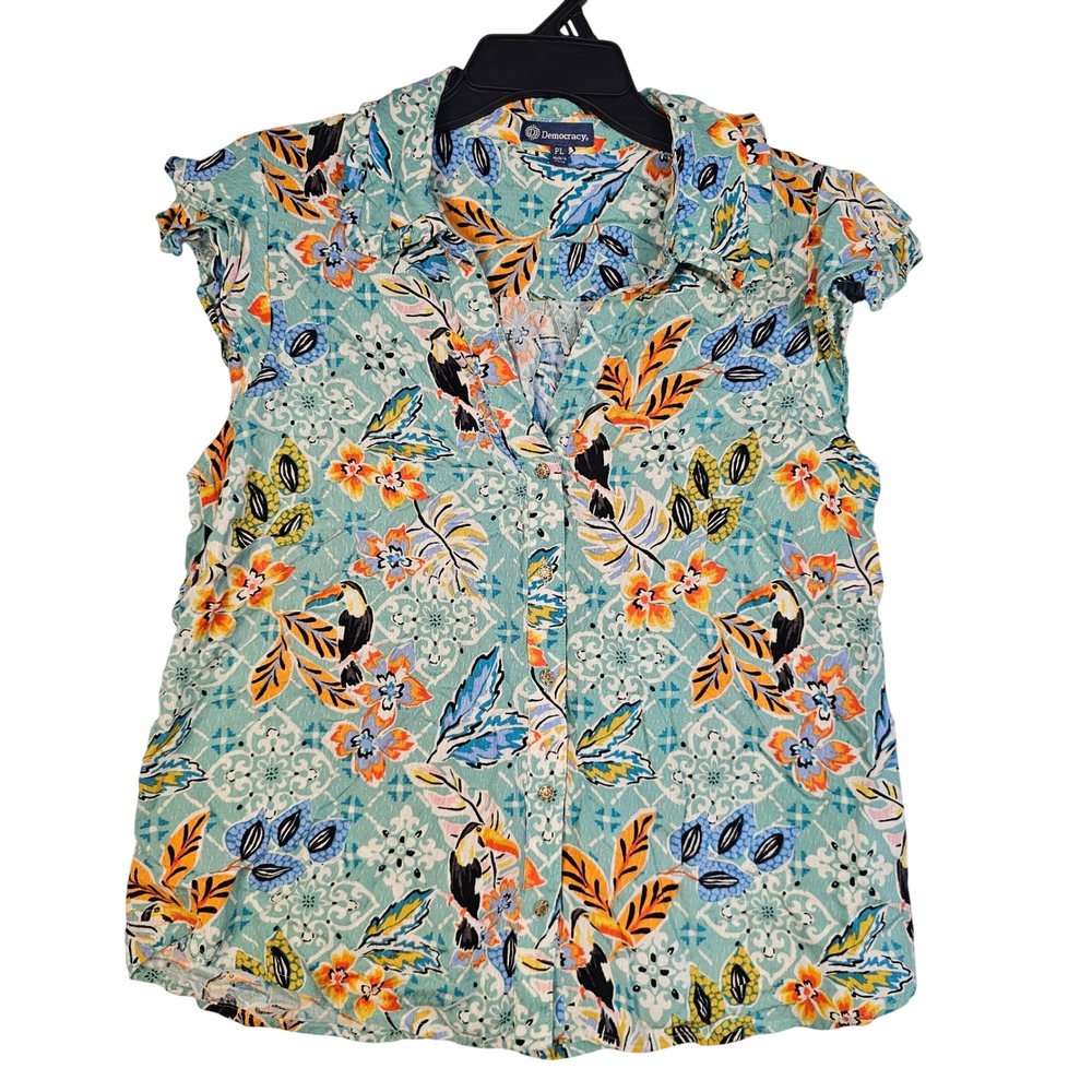 Democracy Petite Large‎ PL Teal Tropical Toucan Floral Ruffle Cap Sleeve Blouse